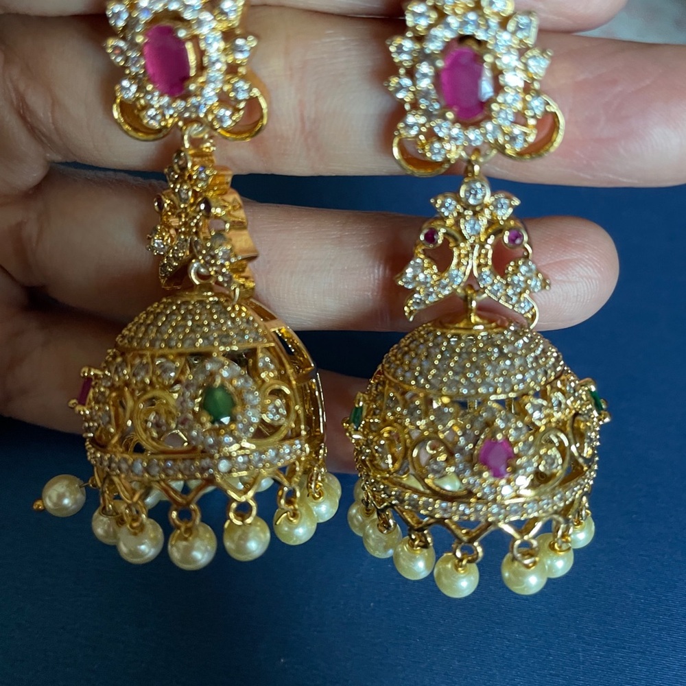 Gold-Tone Jhumka Earrings with Pink and Green Stones